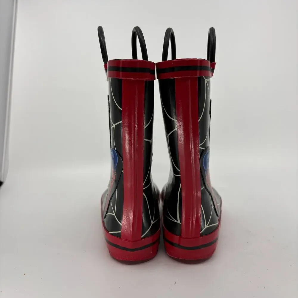 Marvel Spider-Man Kids Rain Boots Size 11 Black Red Rubber Pull Handle Wellies